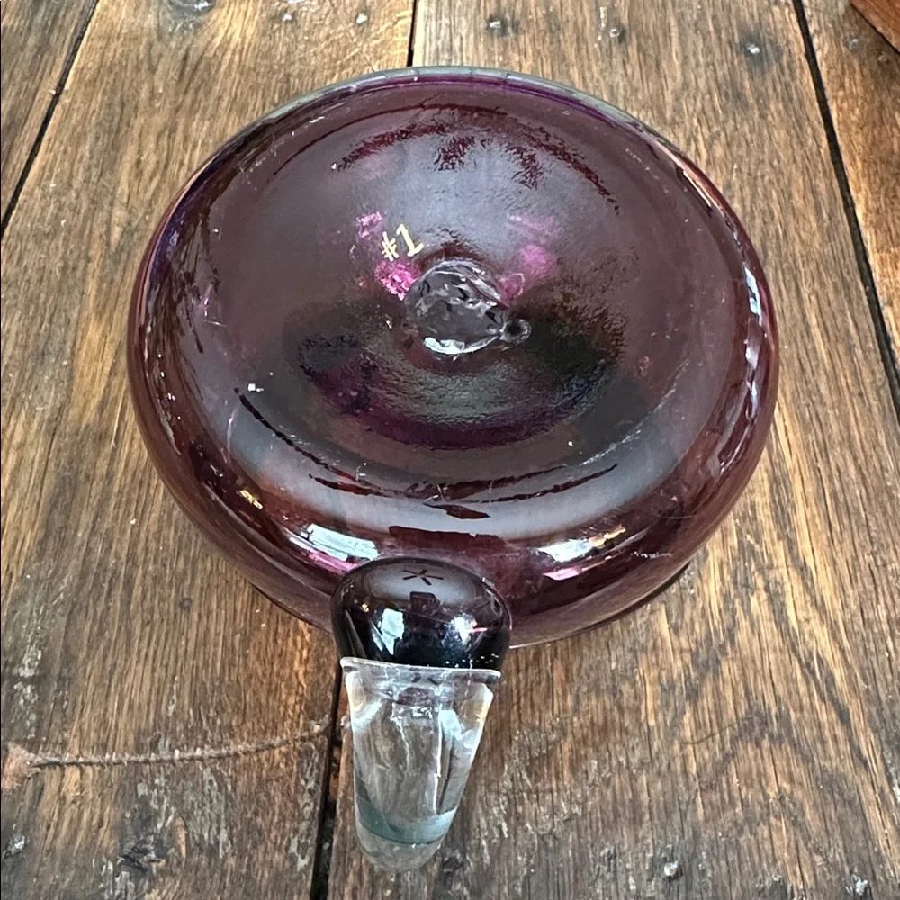 Vintage Hand Blown Amethyst Glass Pitcher Vase Applied Clear Handle Art Glass